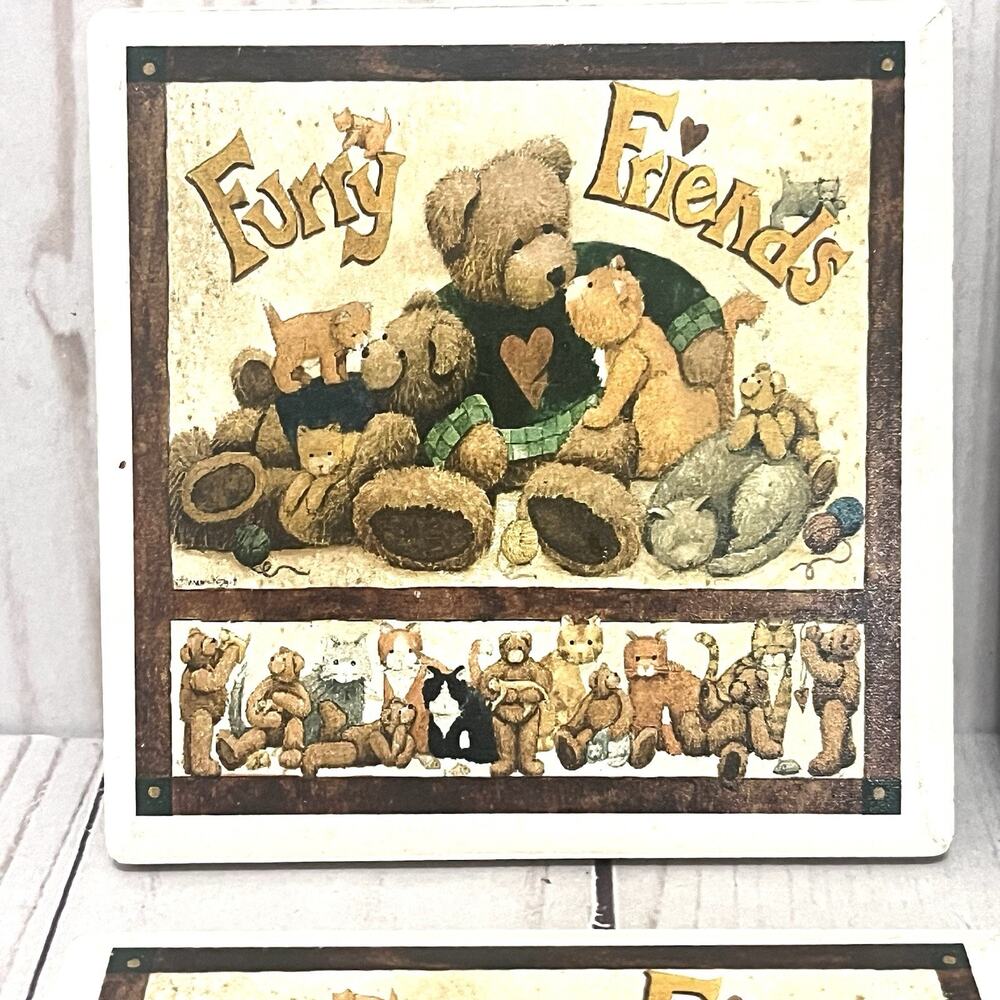 Vintage Anna Krajewski Ceramic Furry Friends Tile Coasters Cats Cottagecore 4